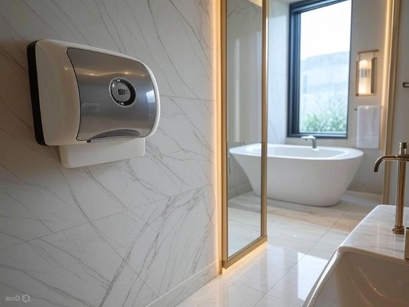 Commercial hand dryer in home bathroom