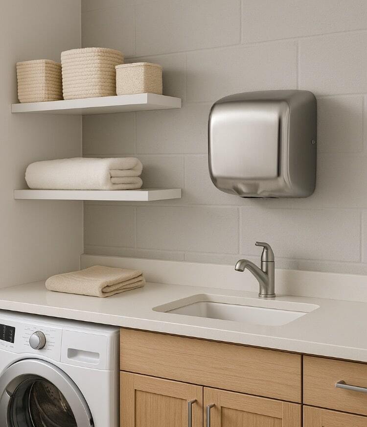 Commercial hand dryer in laundry room